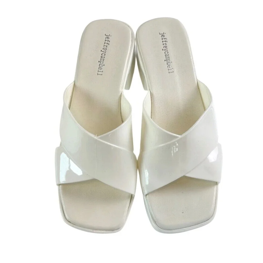 Jeffrey Campbell White Patent Platform Slide Sandals Crisscross Heel‎ 9